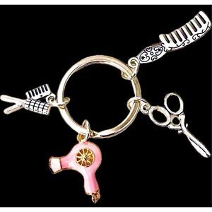 NWT Gorgeous Pink Silver Metal Hairdresser Hairdryer Scissors Keyring Key holder